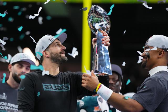 nick sirianni holding super bowl trophy